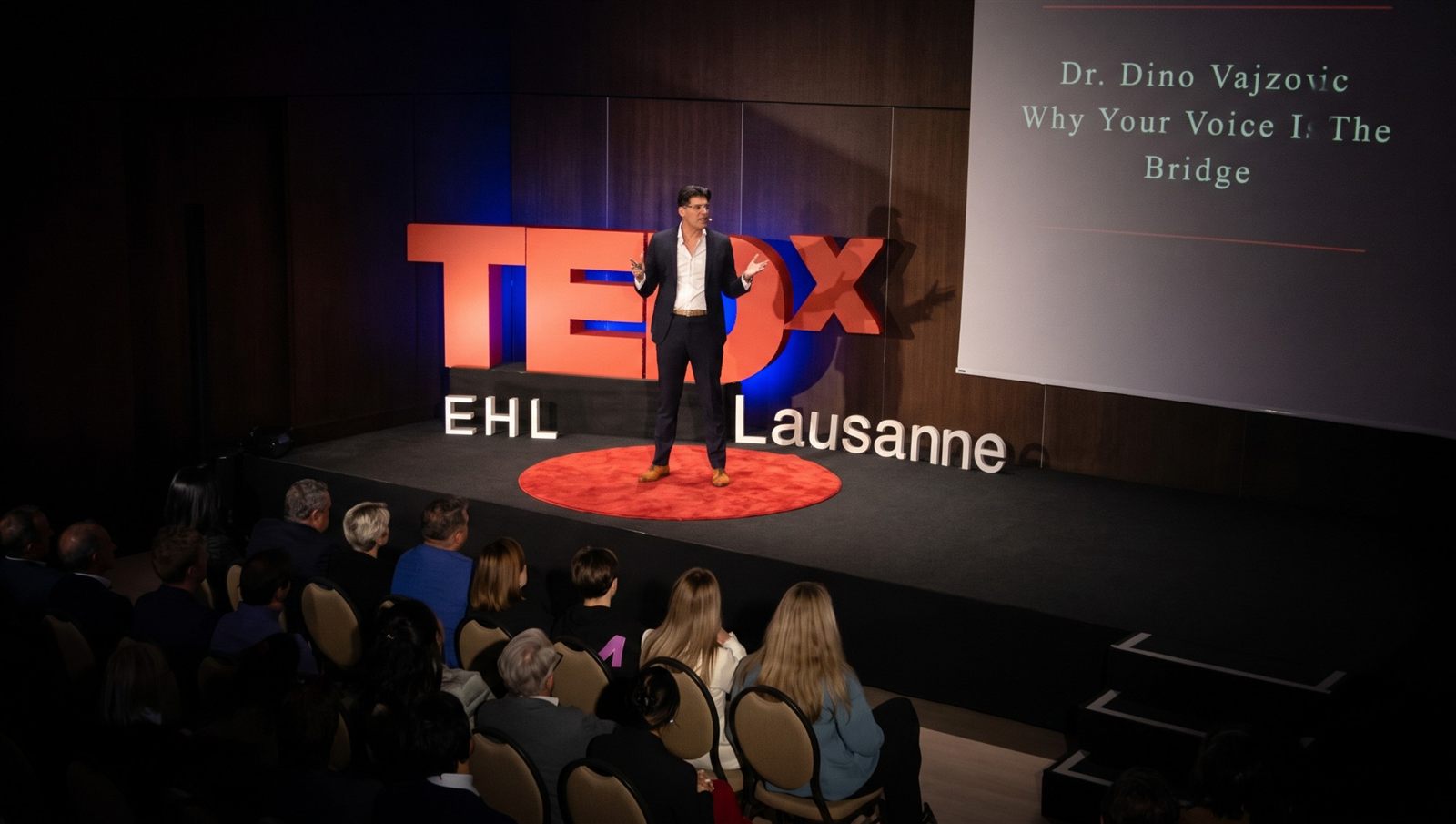 Dr. Dino on the TEDxEHL Lausanne stage